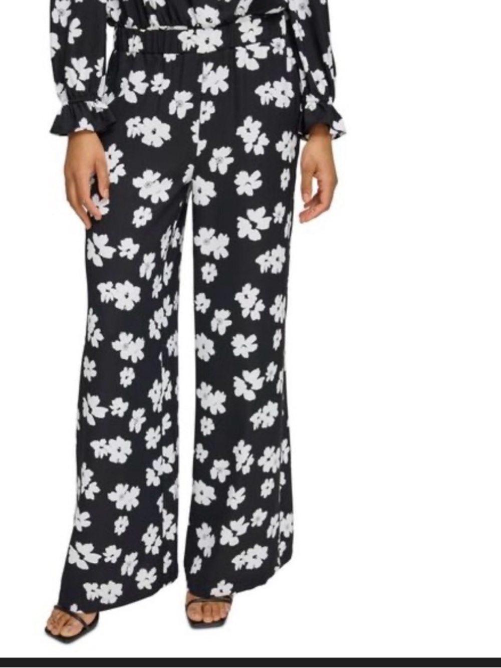 Karl Lagerfeld Black Wide-Leg Floral Print Pants - Picture 1 of 4